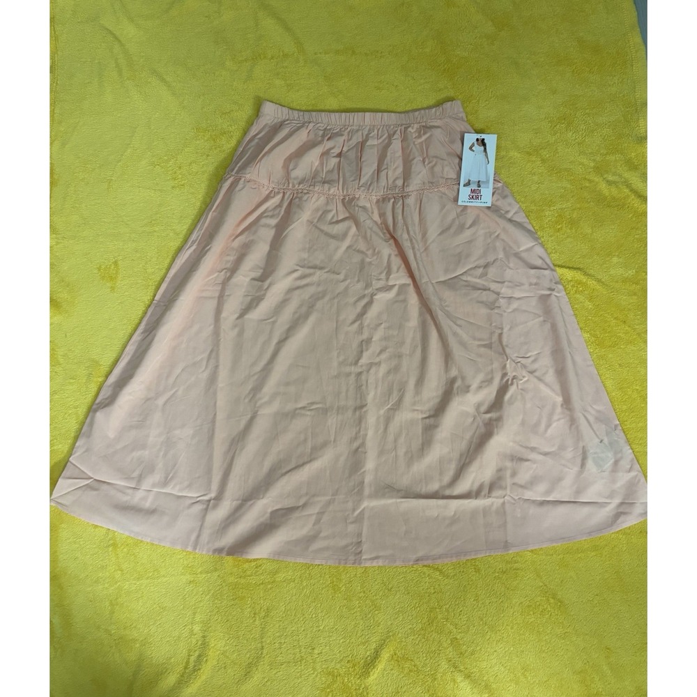Celebrity Pink Women Midi Skirt Peach Elastic Waist Lace Trim Tiered Size L NWT